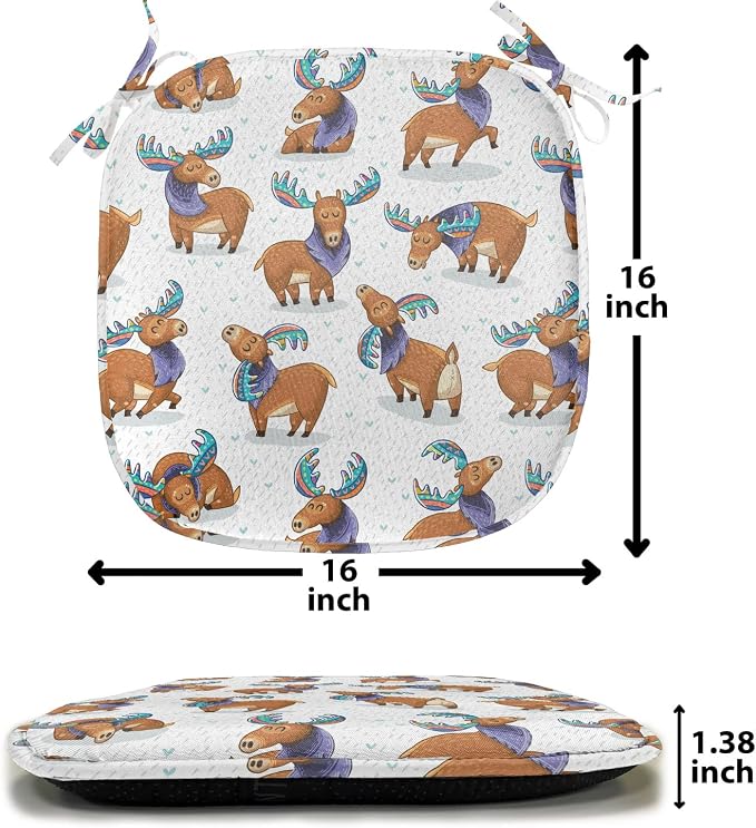Lunarable Deer Chair Seating Cushion Set of 12, Moose in Cartoon Elks with Rainbow Antlers Cheerful Comic Pattern, Anti-Slip Seat Padding for Kitchen & Patio, 16"x16", Turquoise Lavender