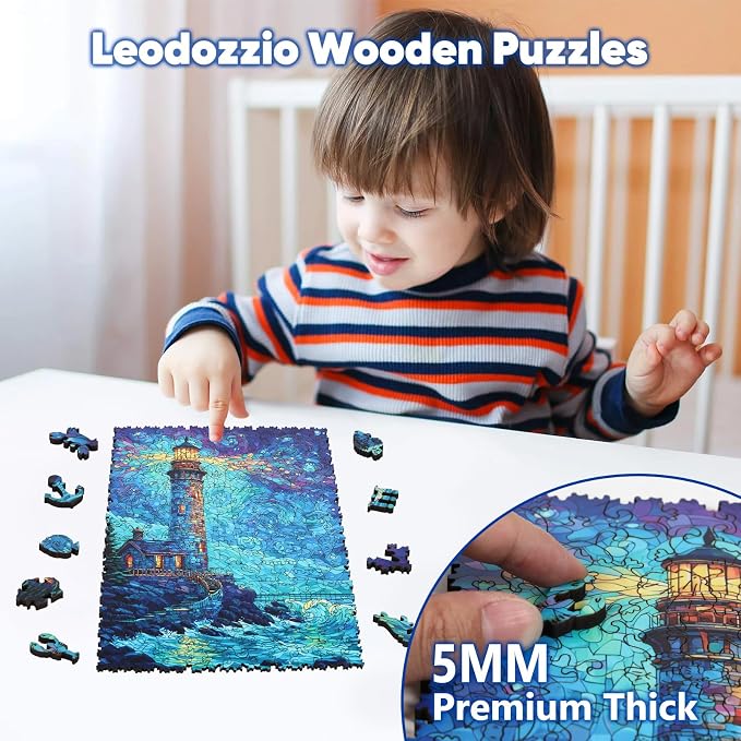 Leodozzio Lighthouse Wooden Jigsaw Puzzles 500 Pieces, Stained Glass Puzzle, 5MM Thick Unique Shaped Ocean Wooden Puzzle for Adults, Nautical Art Gift, Family Game, 12.2x16.1 Inch