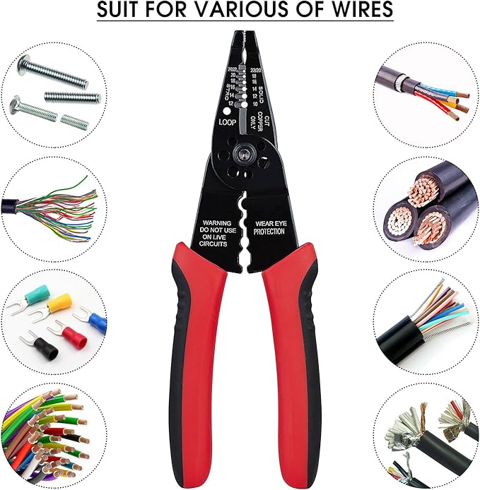 WGGE WG-015 Professional 8-inch Wire Stripper/Crimping Tool, Cable Cutter/Crimper, Wiring and Multi-Function Hand Tool, Red With Black