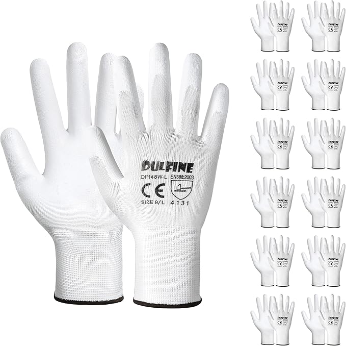 DULFINE Safety Work Gloves PU Coated-12 Pairs,White Seamless Knit Glove with Polyurethane Coated Smooth Grip on Palm & Fingers, for Men and Women, Ideal for General Duty Work (XX-Large)