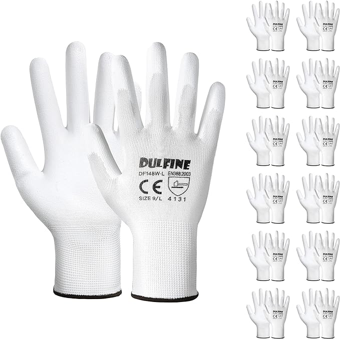 DULFINE Safety Work Gloves PU Coated-12 Pairs,White Seamless Knit Glove with Polyurethane Coated Smooth Grip on Palm & Fingers, for Men and Women, Ideal for General Duty Work (Large)