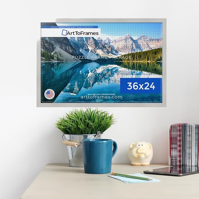 ArtToFrames Puzzle Frame for Buffalo Games 50 Piece Jigsaw Puzzles, 36x24 Inch (91x61 cm), Antique White Engineered Wood with Economy Acrylic, Ready to Hang Puzzle Display
