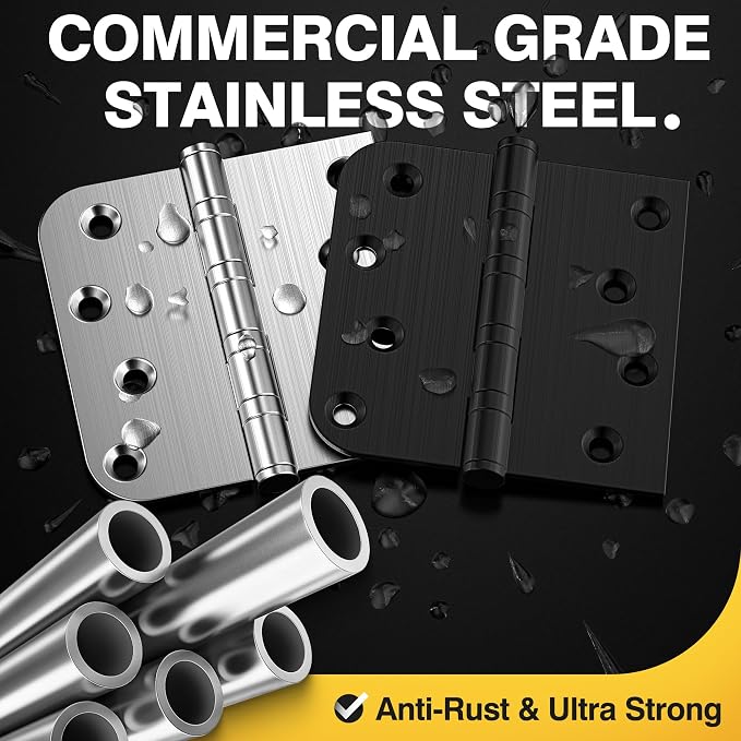 KOLET Ball Bearing Door Hinges, 4 x 4 Inches Black Door Hinges, Heavy Duty Stainless Steel Hinges, Square and 5/8'' Radius Corner, Smooth and Quiet, Non Removable Pin, Matte Black, 12 Pack