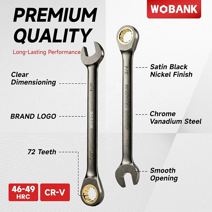 22-Piece Ratcheting Wrench Set, Metric 8-19mm & SAE 1/4-3/4" | Ratchet Combination Wrenches Set with Organizer Box,12 Points 72-Teeth,Nickel Plating