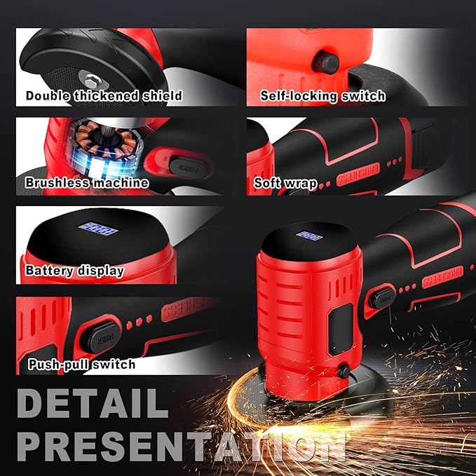 ZFULVO Brushless Cordless Angle Grinder Kit, 19500rpm Mini Electric Angle Grinding Tool with 2x16.8V 2000mAh Battery and 6-Cutting Discs, Grinder Handheld Cutter for Metal Wood