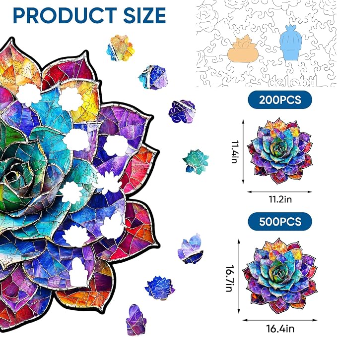 Delobil Stained Glass Succulent Wooden Puzzles for Adults, 200 Pieces Mandala Jigsaw Puzzles, Unique Shaped Medium Size Wood Puzzle Gift for Kids, Family Game 11.2'' x 11.4''