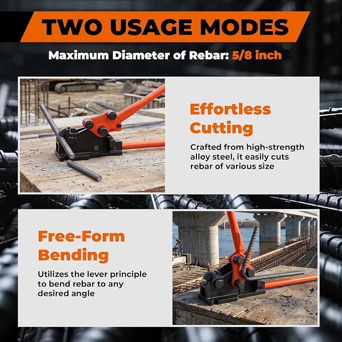 2 in 1 Rebar Bender & Cutter Metal Bending Tool Manual Rod Bender Easy Rebar Cutter & Bender Bending Machine for Rebar up to 5/8"