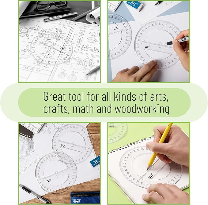 Mr. Pen- 360 Degree Protractor, 6 Inch, 2 Pack, Clear Full-Circle Protractors for Precise Angle Measurement, Ideal for Geometry, Math Class, Drafting, Engineering, and Technical Drawing