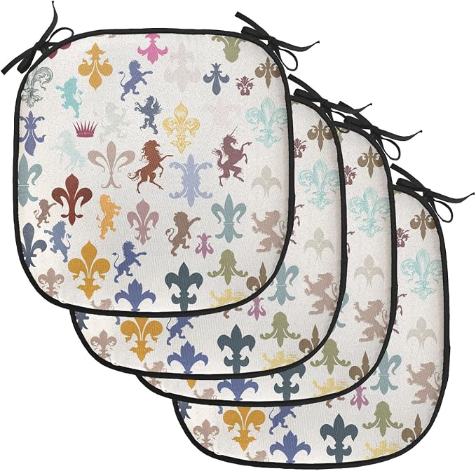 Lunarable Fleur De Lis Chair Cushion Pads Set of 4, Pattern with Lions Horses Griffins Unicorn and Royal Flower Fantasy Art, Anti-Slip Seat Padding for Kitchen & Patio, 16"x16", Ivory Multicolor