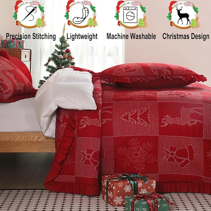 Cmfshape Christmas Embroidery Quilt Set,3 Pieces Queen Size Xmas Tree Reindeer Pattern Bedding Set,Reversible Christmas Bedspread Coverlet,Holiday Bedding(Red,92"x96")
