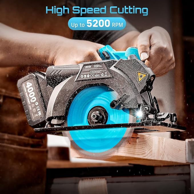 Seesii 6-1/2" Cordless Circular Saw with Laser, 5200 RPM Electric Compact Saw with 2x 4.0Ah Batteries and Charger, Lightweight and Power Design for Wood Cutting, DIY Framing & Home Renovation