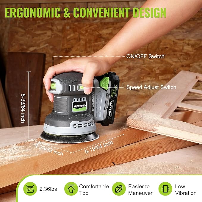 WORKPRO 5-Inch Cordless Random Orbital Sander, 20V Brushless Electric Orbit Sander, 6 Variable Speeds 6000-12000 RPM, Palm Sander with Battery, Dust Collector, 15 PCS Sanding Discs for Woodworking