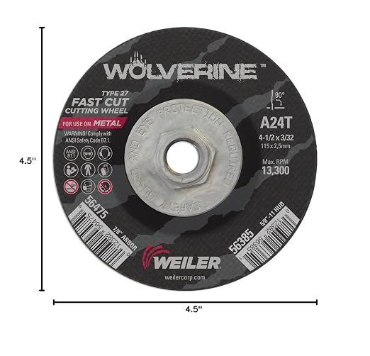 Weiler 56385 4-1/2 Inch Cutting Wheel, Wolverine AO Steel/Metal Fast Cutting, 3/32" A24T Type 27 5/8"-11 Hub, Pack of 10