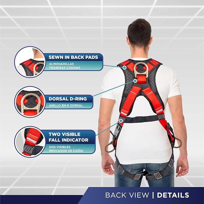 Full Body Harness with 5 Point Adjustment, Dorsal D-ring, Grommet Legs, Two Side D Rings, and Fall Indicators