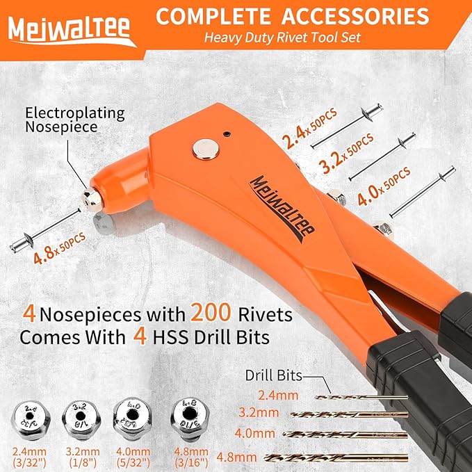 Rivet Gun with 200PCS Rivets and 4 Drill Bits, Professional Aluminum Alloy Riveter, Heavy Duty Pop Manual Riveting Tool with 4 Interchangeable Heads for Metal, Wood and Plastic