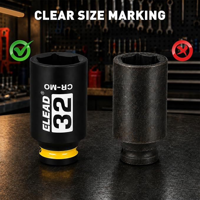 ELEAD 32 mm Socket 1/2" Drive Deep Impact Socket, Metric 6 Point 1/2-inch Drive Impact Axle Nut Sockets, CR-MO Nut Socket Set, Tools for Easy Removal of Axle Shaft Nuts