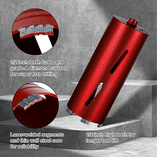 SALI Diamond Core Drill Bits 5" Diameter 10"/254mm Drilling Depth 5/8-11" Thread Core Bit Turbo Laser-Welded Segments for Cured Concrete with Brick Block Masonry with Two Adapters（Red）