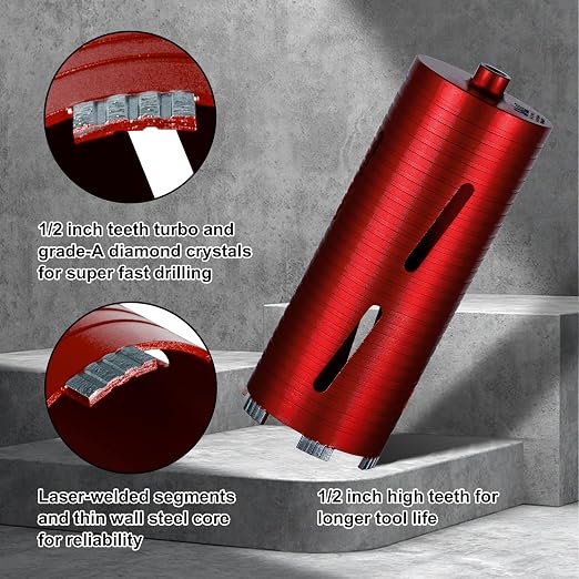 SALI Diamond Core Drill Bits 4 1/2" Diameter 10"/254mm Drilling Depth 5/8-11" Thread Core Bit Turbo Laser-Welded Segments for Cured Concrete with Brick Block Masonry with Two Adapters（Red）