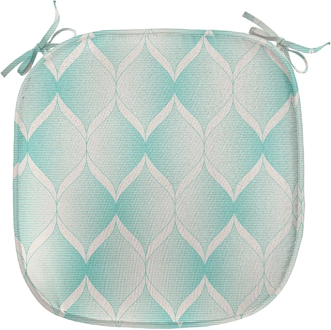 Lunarable Aquamarine Chair Seating Cushion, Retro Nostalgic Pattern with Geometry Inspired Motif and Dotted Lines, Anti-Slip Seat Padding for Kitchen & Patio, 16"x16", Turquoise Eggshell