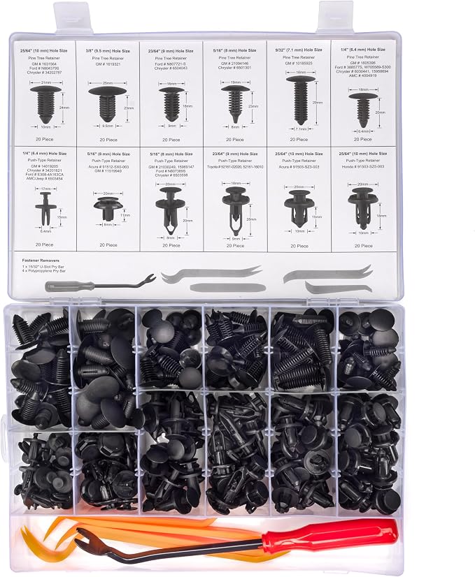 NEIKO 50550A Retainer Clips Assortment, 245pc Automotive Fasteners, Car Bumper Clip for Fender Liner, Door Panel Plastic Clips, Plastic Rivets, Trim Removal Pry Bar Tool, GM, Toyota, Ford, Honda