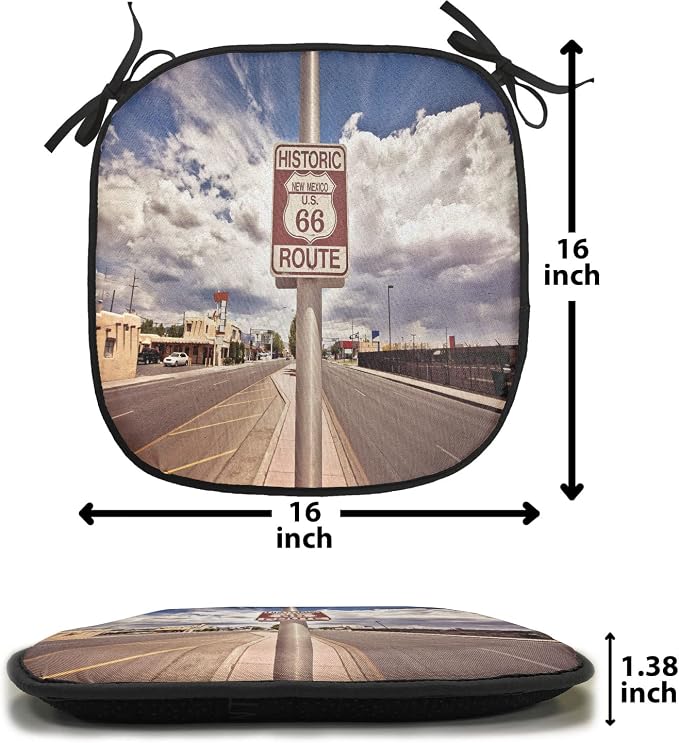 Lunarable Americana Chair Cushion Pad, Historic New Mexico U.S 66 Route Sign Roadway Driving Roadside Scenery, Seat Padding for Kitchen & Patio with Anti-Slip Backing, 16"x16", Multicolor Dust Blue