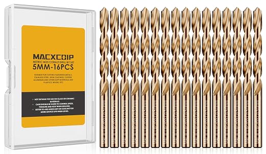 Metric 16Pcs M35 Cobalt Drill Bit Set, 5mm HSS Cobalt Jobber Drill Bits, for Hardened Metals, Stainless Steel, Cast Iron and Wooden Plastics