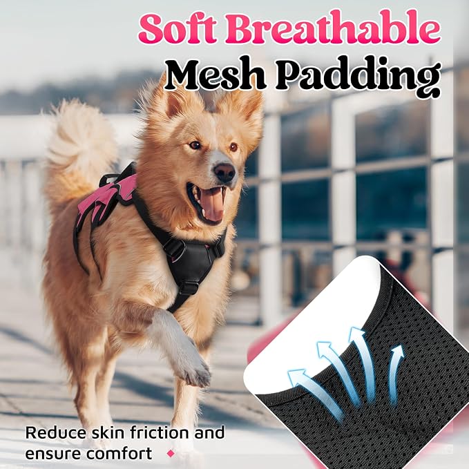 rabbitgoo Escape Proof Dog Harness for X-Large, No Pull with Lift Handle | No Escape, Full Soft Padded, Reflective Adjustable Vest, Leash Clip for Walking Hiking Training, Peach Pink, X-Large