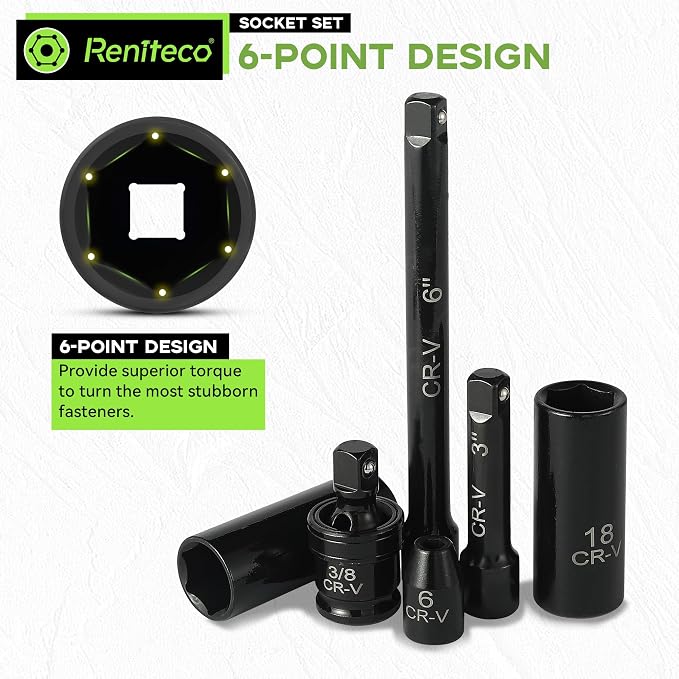 Reniteco 56-Piece 3/8" Drive Socket Set, SAE 5/16"-3/4", Metric 8-22mm, Cr-V