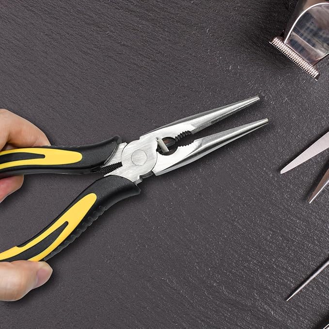 Premium Long Needle Nose Pliers-6''&8'', Paper Clamp Precision, High Carbon Steel, Soft Grip with Wire Cutter, Long Nose Cutting Pliers for Home, Fishing, Jewelry, Crafts,2pcs