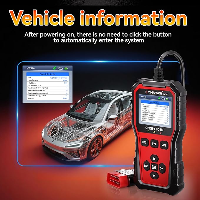 KONNWEI KW340 OBD2 Scanner Car Engine Fault Code Reader 2.8'' Color Screen Automotive Diagnostic Scan Tool with Battery Test, I/M Readiness, One‑Click DTC/VIN for All OBDII EOBD Vehicles 1996+