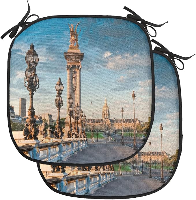 Lunarable Paris Chair Cushion Pads Set of 2, Pont Alexandre III Bridge 1896 Spanning The River Seine Ornate Art Nouveau, Anti-Slip Seat Padding for Kitchen & Patio, 16"x16", Sky Blue Ivory Brown