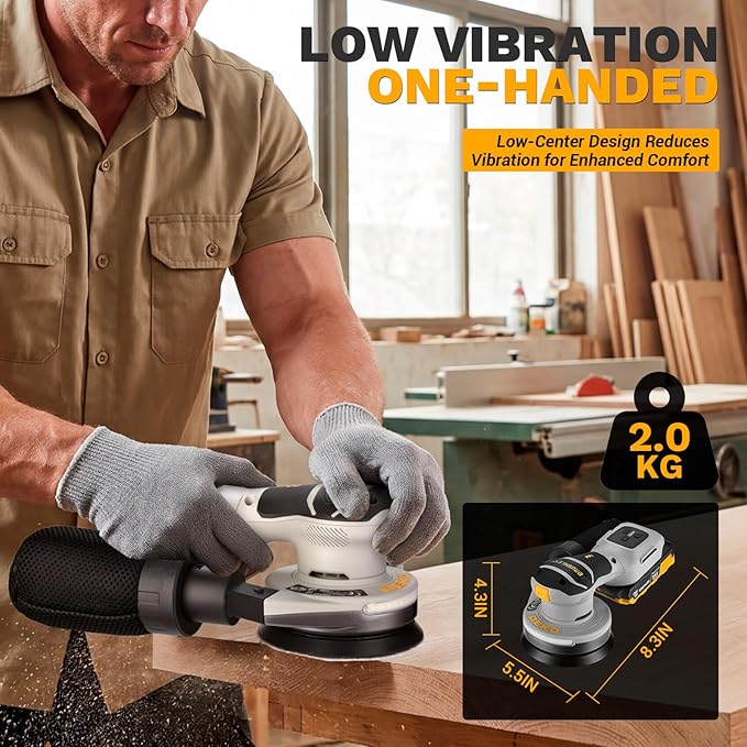 Cordless Orbital Sander: DEKOPRO 20V 5Inch Brushless Orbital Sander, 6000-12000RPM Electric Plam Sander Tool with Battery, Charger, Sanding Discs,Dust Box & Dust Pipe for Woodworking
