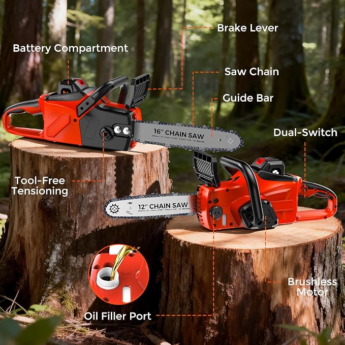 12" & 16" Electric Chainsaw Cordless, 21V Battery & Fast Charger,Brushless Chain Saw Kit with Safety Goggles and Gloves，Auto Oiling for Tree Pruning and Wood CuttingBranch
