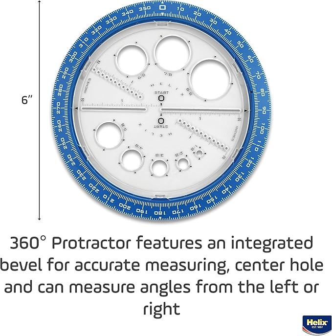 Helix Angle and Circle Maker with Integrated Circle Templates, 360 Degree, 6 Inch / 15cm, Assorted Colors (36002)
