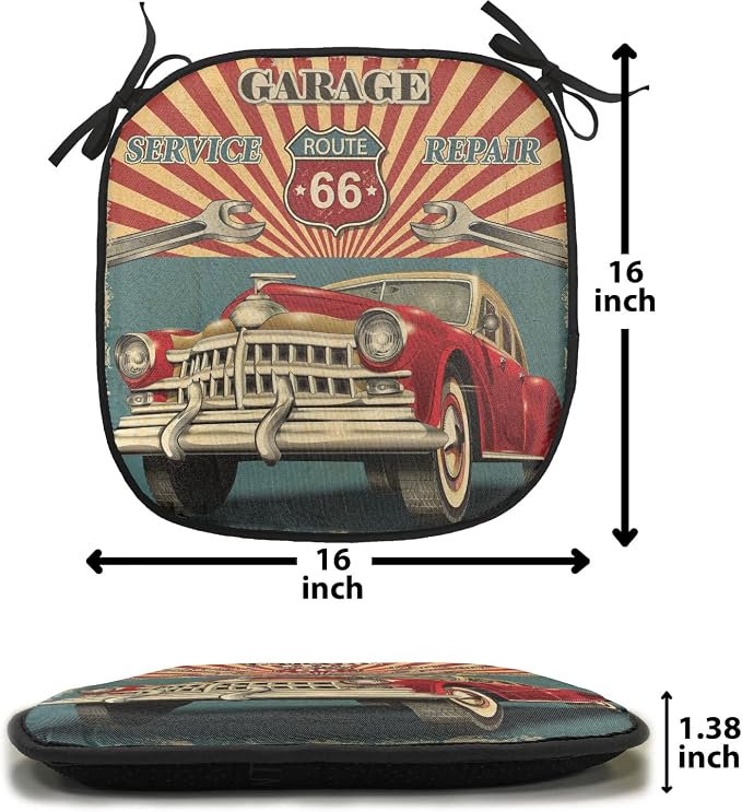 Lunarable Americana Chair Cushion Pads Set of 4, Vintage Garage Artwork with a Nostalgic Car Illustration Retro Vibes Route 66 Print, Anti-Slip Seat Padding for Kitchen & Patio, 16"x16", Teal