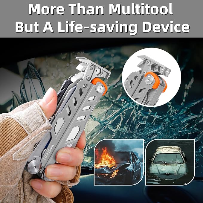 HANSHI Multitool Pliers, 22-in-1 YG10 Tungsten Steel Multi Tool with Scissors,Replaceable Wire Cutters, Flint, Window Breaker, Back Clip,Ideal for Camping, Survival and Gift(Silver)