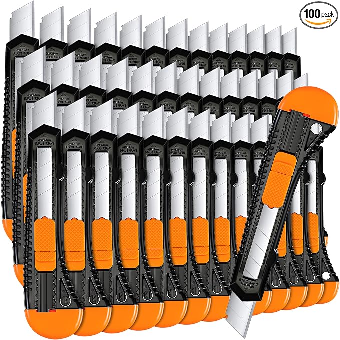 Lasnten 100 Pack Box Cutter Retractable Utility Knife 18mm Wide Blade Cardboard Cutter Suitable for Office Art, Craft and Home Use