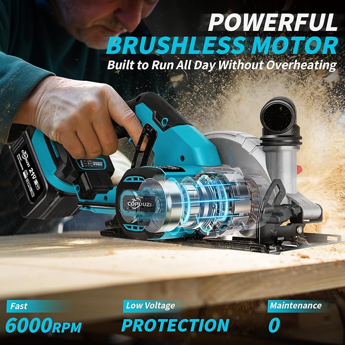 6" Cordless Circular Saw, Sierra Circular Inalambrica with 2 x 6.0Ah Battery, 7000RPM Brushless Handheld Circle Saw with 3 Blade, Max Cutting Depth 2-1/6"(90°), 1-1/4"(45°) for Wood Metal PVC
