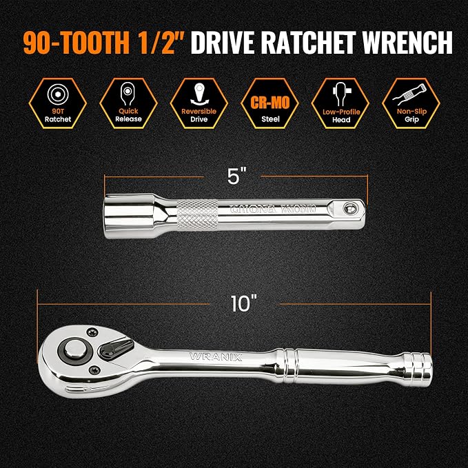 1/2“ Drive 90-Tooth Ratchet Wrench with Extension Bar | Socket Wrench, Reversible Design, Quick-Release, Cr-Mo Head, Cr-V Made, 4° Swing Arc, Full Polished