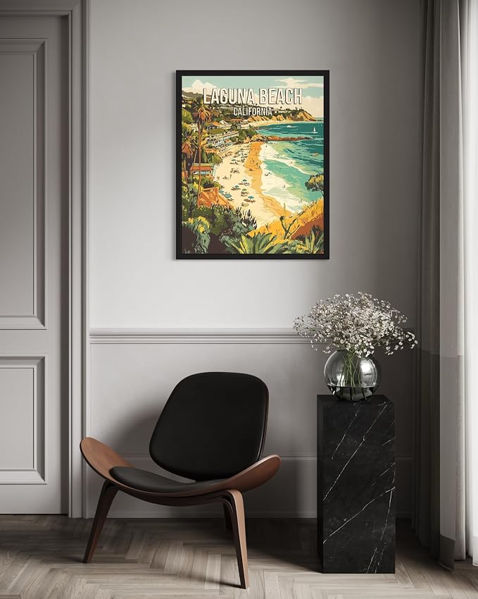 Laguna Beach California Wall Art Print Poster, US Vintage Retro Beach Scenery Posters Prints for Restroom Home Picture Painting Artwork Gallery 219 (Laguna Beach California, 16 x 20 inches, Black Frame)