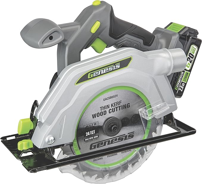 Genesis G20MAX 20V Circular Saw Cordless 6-1/2 inch with Laser & LED Light, Includes 24TCT thin-kerf blade, 2.0Ah Battery and Charger(GLCS2065B)