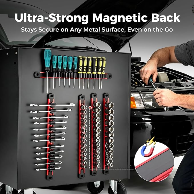 Reniteco 6-Piece Magnetic Socket Organizer and Screwdriver Organizer Set | 3-Piece 1/4", 3/8" & 1/2" Drive Socket Rails, 3-Piece Wrench Screwdriver Holder, Interchangeable Clips, Aluminum Alloy Rail