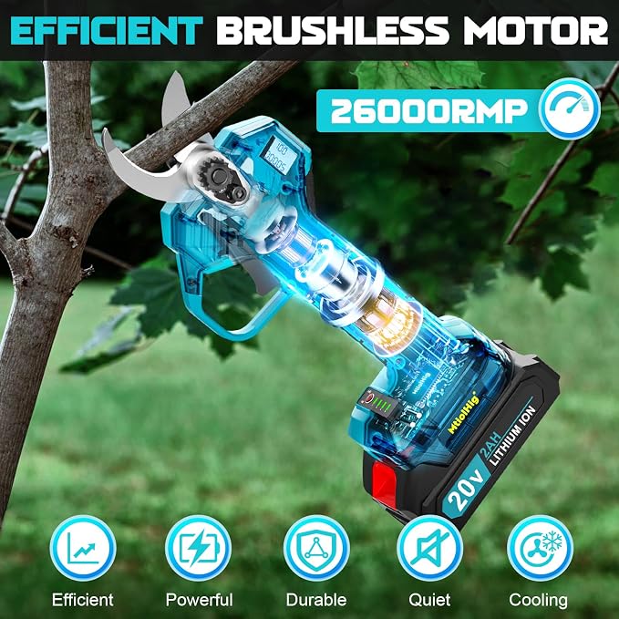 MtiolHig Electric Pruning Shears, 0.8-2 Inch Cutting Diameter Brushless Electric Pruner with 2 x 2.0Ah Rechargeable Batteries, Cordless Electric Scissors - with LCD Display for Tree Branch