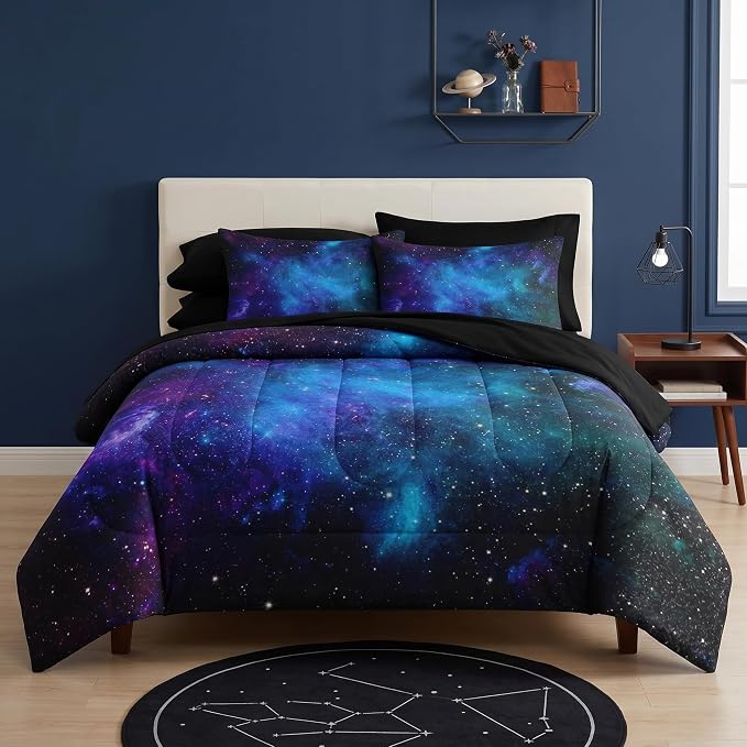 Nesker Comforter Set Queen Size, Galaxy Retro Star 7 Pcs Bedding for Kids and Adults, Space Science Night Sky Bed Sheet Sets with Fitted Sheet 2 Pillowcases & 2 Shams