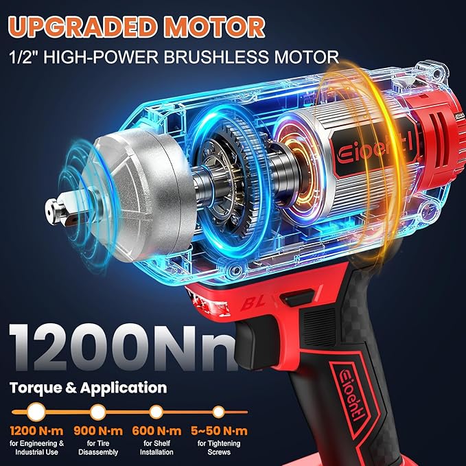 Eioehtl Cordless Impact Wrench 1200Nm, Impact Driver & Impact Drill 1/2" Brushless Power Tool with 2×4.0Ah Batteries, 5 Sockets, 8 Drill Bits, 5 Driver Bits, Extension Bar & Adapter for Car, Van & DIY