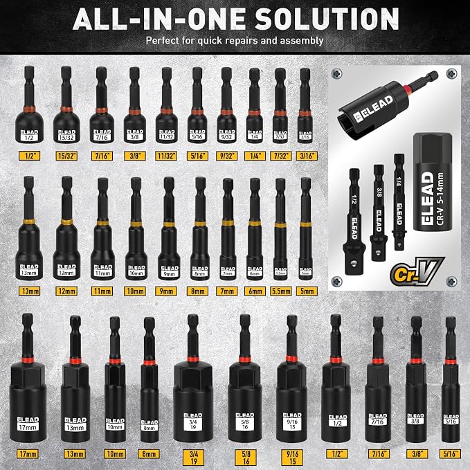 58-Piece Magnetic Impact Nut Driver Set, Metric & SAE Mini Combination Wrench Set, Impact Socket Adapter, 3LBS Magnetic Pickup Tool, Wing Nut Driver, Universal Socket, 1/4'' Quick-change Bit Extension