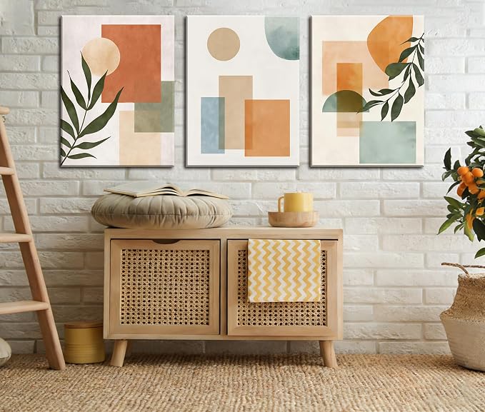 Frimeeme 3 Piece Boho Sun Canvas Wall Art, Geometric Botanical Framed Wall Decor, 12x16 Inches, Wall Art for Bedroom Living Room
