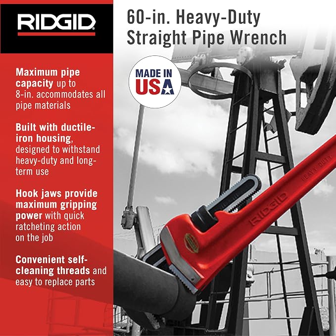Ridgid 60 HD 8" capacity, 60" Long Heavy-Duty Straight Pipe Wrench, Red, Medium