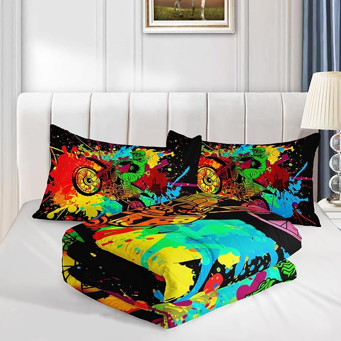 Axolotl Motocross Bedding Set King,Dirt Bike Comforter Set,Extreme Sports Bedding,Motorcycle Racer Comforter,Colorful Motocross Motor Vehicles Biker Quilt for Boys Kids Teens Men,1 Quilt 2 Pillowcase