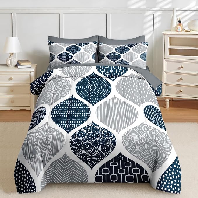 Nesker Comforter Set Queen Size, Boho Bohemian Abstract Blue Gray 7 Pcs Bedding for Kids and Adults, Indigo Geometry Grey Bed Sheet Sets with Fitted Sheet 2 Pillowcases & 2 Shams
